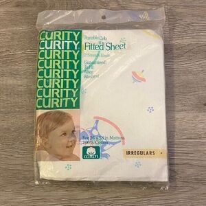 NOS Vintage Curity Portable Crib Fitted Sheet White with Toys 24 x38in USA